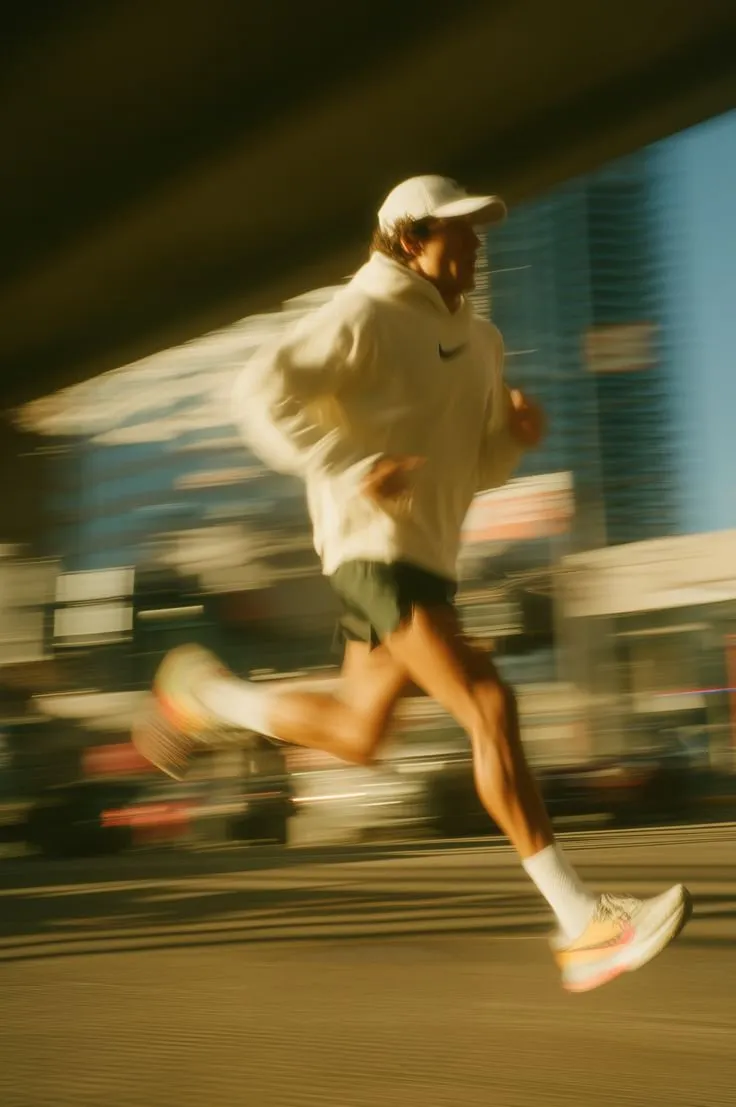A man in a white cap running along a city street, blurred with speed.