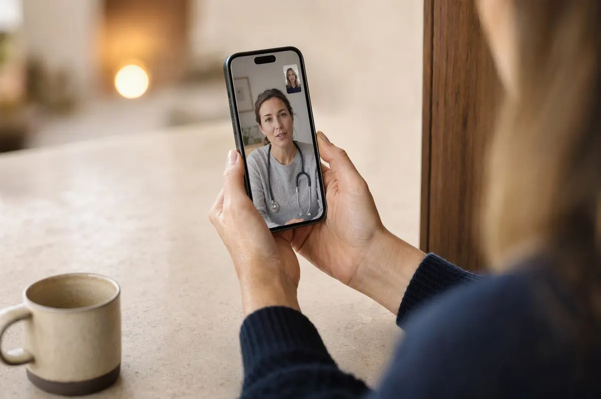 A person holding a phone showing a video call with a clinician wearing a stethoscope.